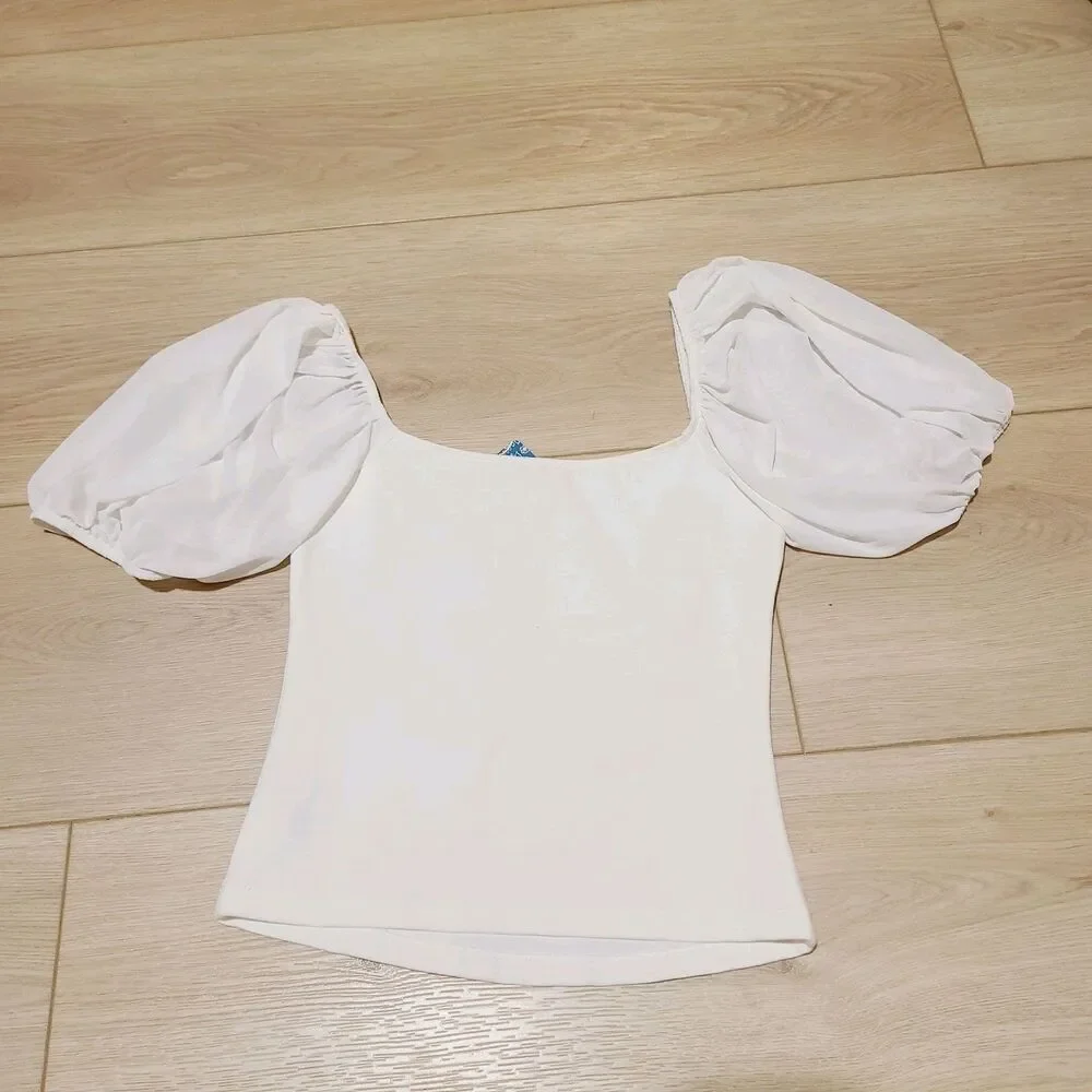 NEW Intimately Free People Shirt XS White Stretch Knit Puff Sleeve  Crop Top